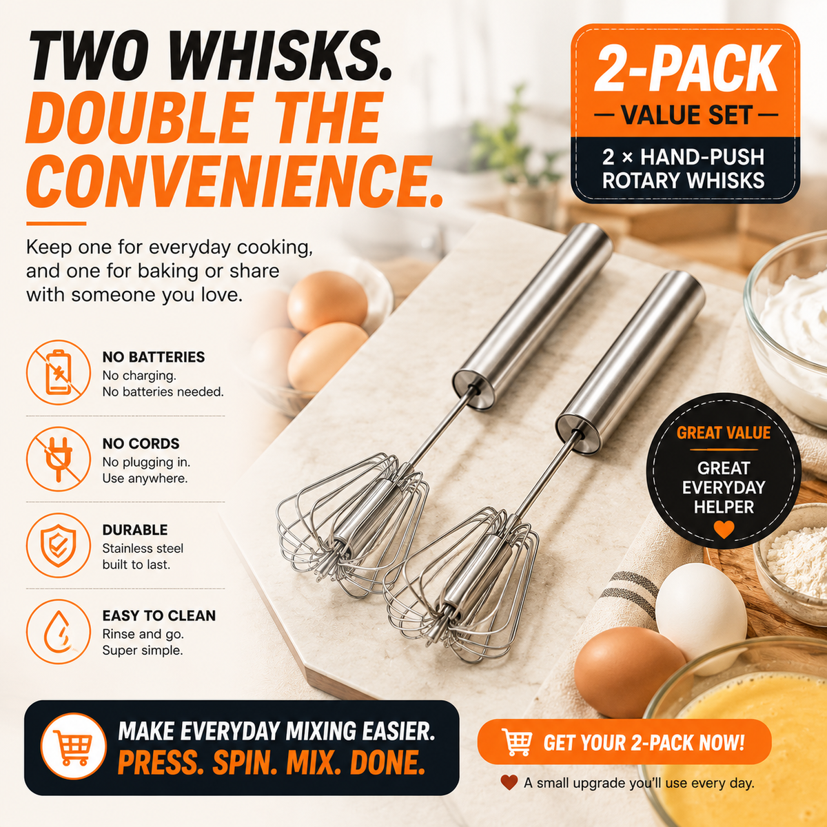 2PCS Stainless Steel Hand-Push Spinning Wire Whisk🍳