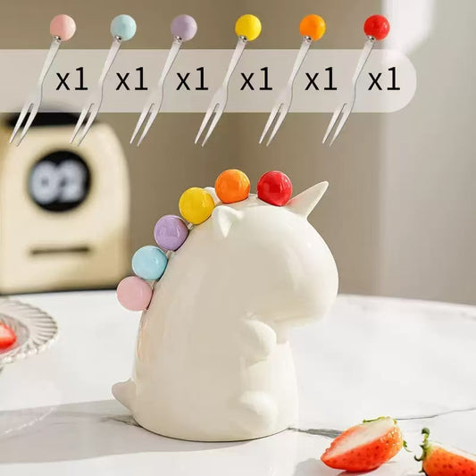 Colorful Ceramic Unicorn Fruit Fork Holder Set