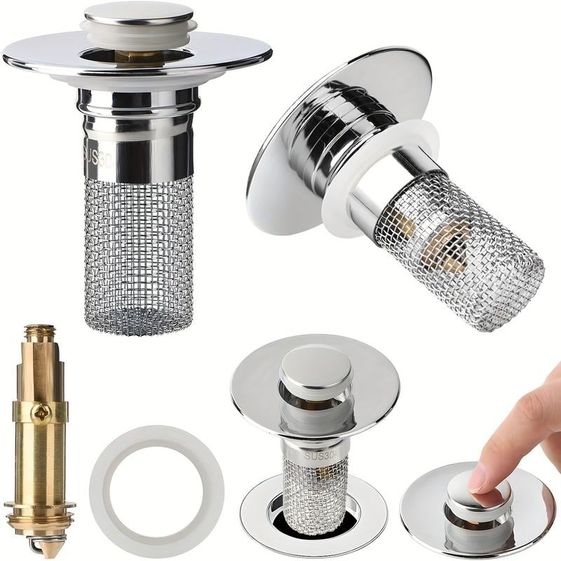 🔥Bathroom Sink Stopper Hair Catcher, Universal Pop Up Sink Drain Filter with Stainless Steel Filter Basket, Bathroom Sink Drain Strainer