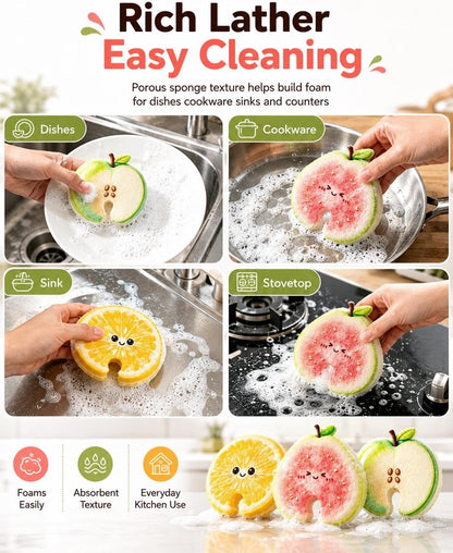 Fruit-Shaped Cellulose Dish Sponges – 6 Pack